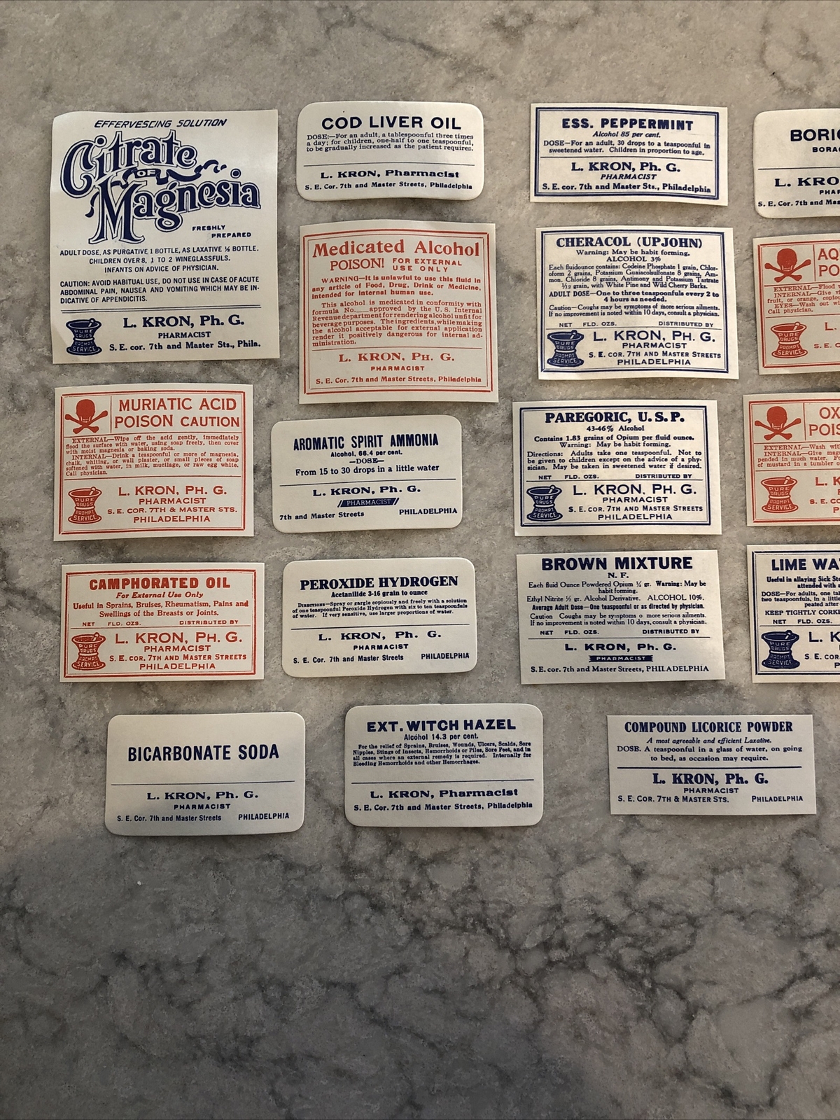 Lot 24 Antique Medicine Bottle Labels Opium, Poison – L. Kron Ph. G. Phila.