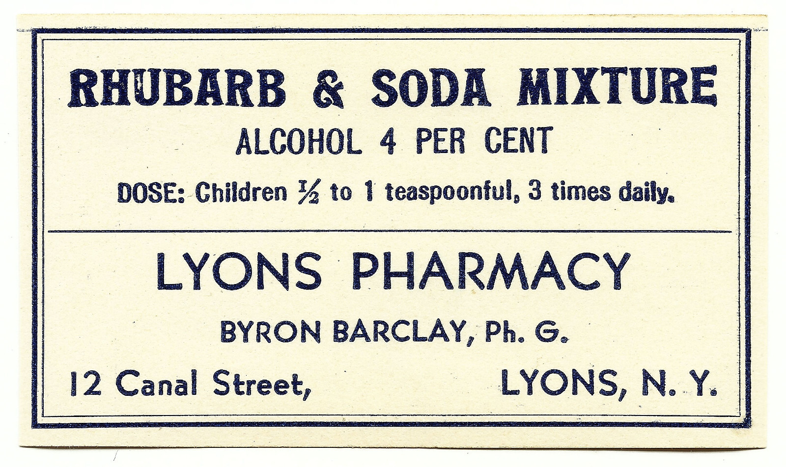 1 Antique Pharmacy Label RHUBARB and SODA MIXTURE Lyons Pharmacy Lyons New York