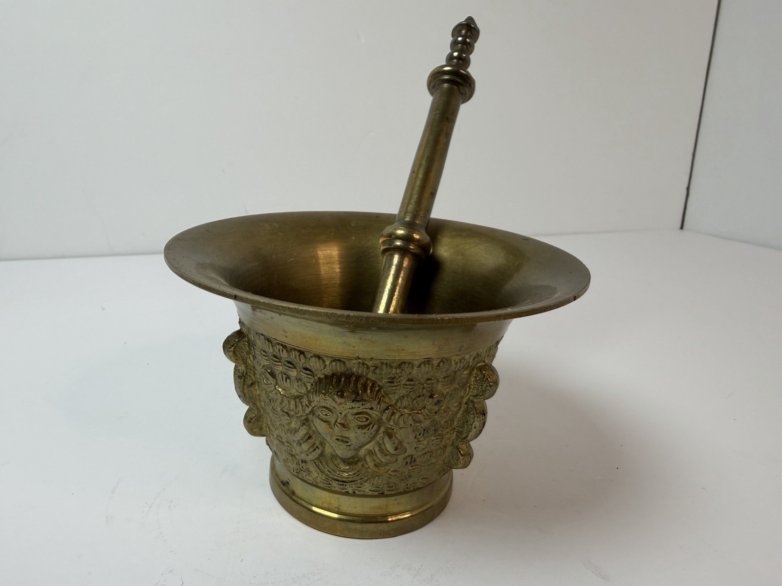 Solid Brass Design Face Mortar & Pestle Pharmacy Apothecary Vintage 3” Tall