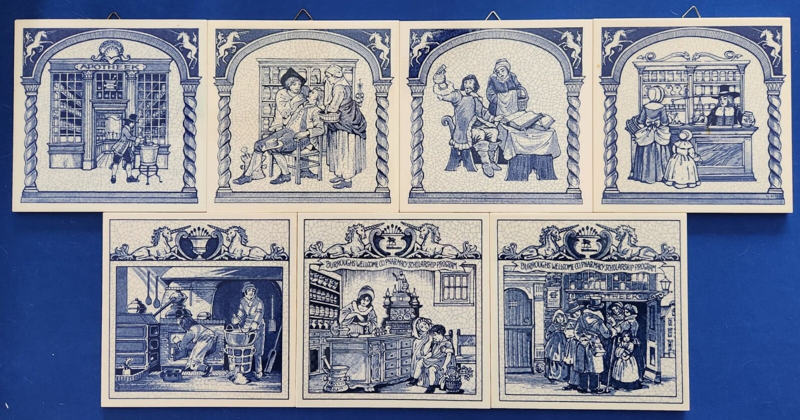 Rare LOT OF 7 Vintage BLUE DELFT Holland Pharmacy Apothecary Wall Tiles