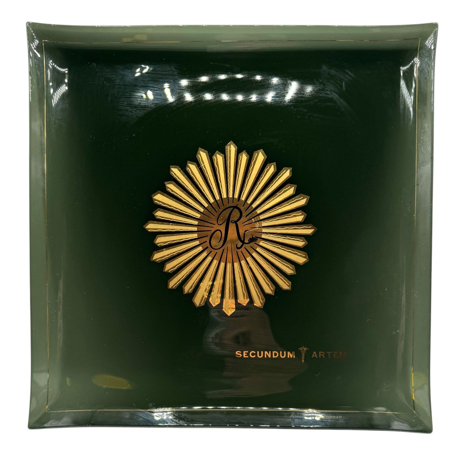 Vintage Rexall Drug Co Secundum Artem Glass Tray Dish Pharmacy Smoky Green 11.5”