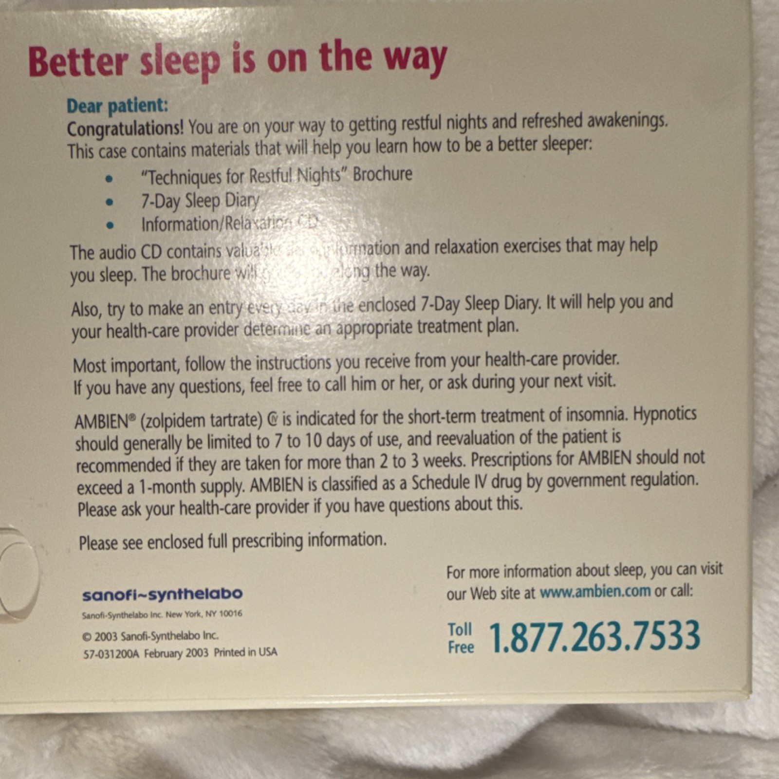 Sanofi-Synthelabo Ambien Techniques CD 2003 Pharmaceutical Collectible Brochure