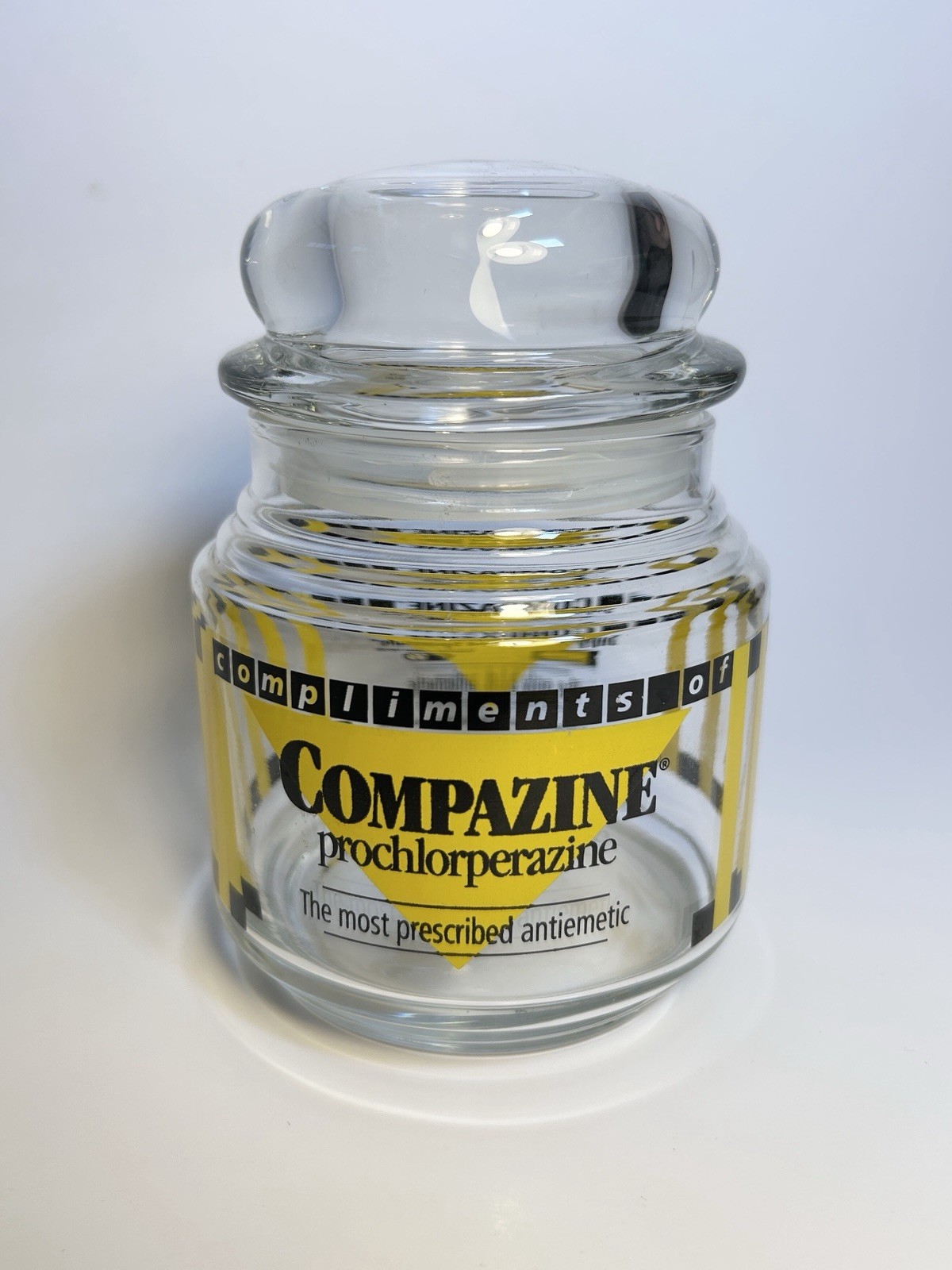 Compazine Vintage Drug Rep Pharmaceutical Advertising Glass Apothecary Jar w Lid