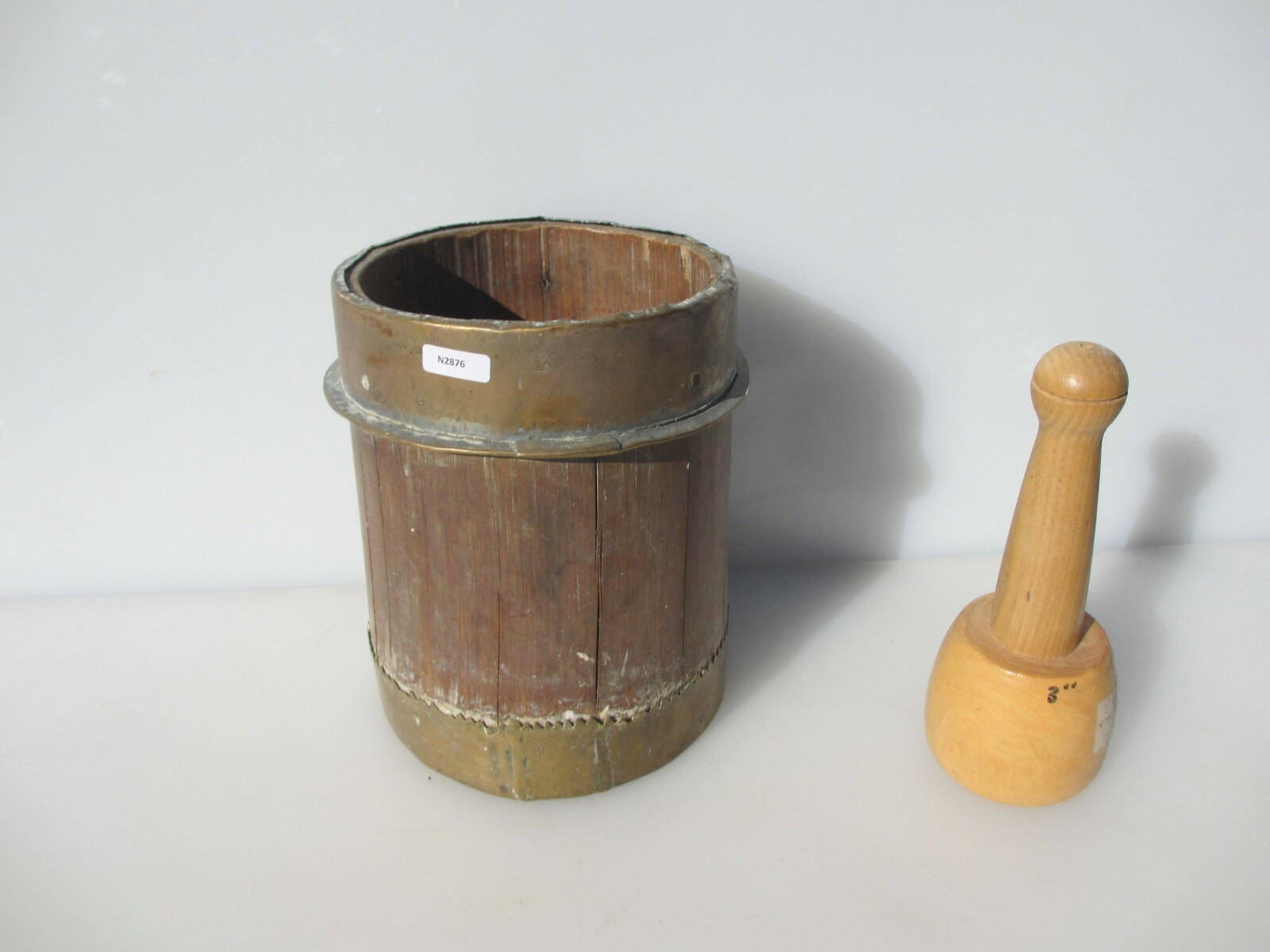 Antique Wooden Mortar and Pestle Barrel Brass Strap Vintage Old Wood French