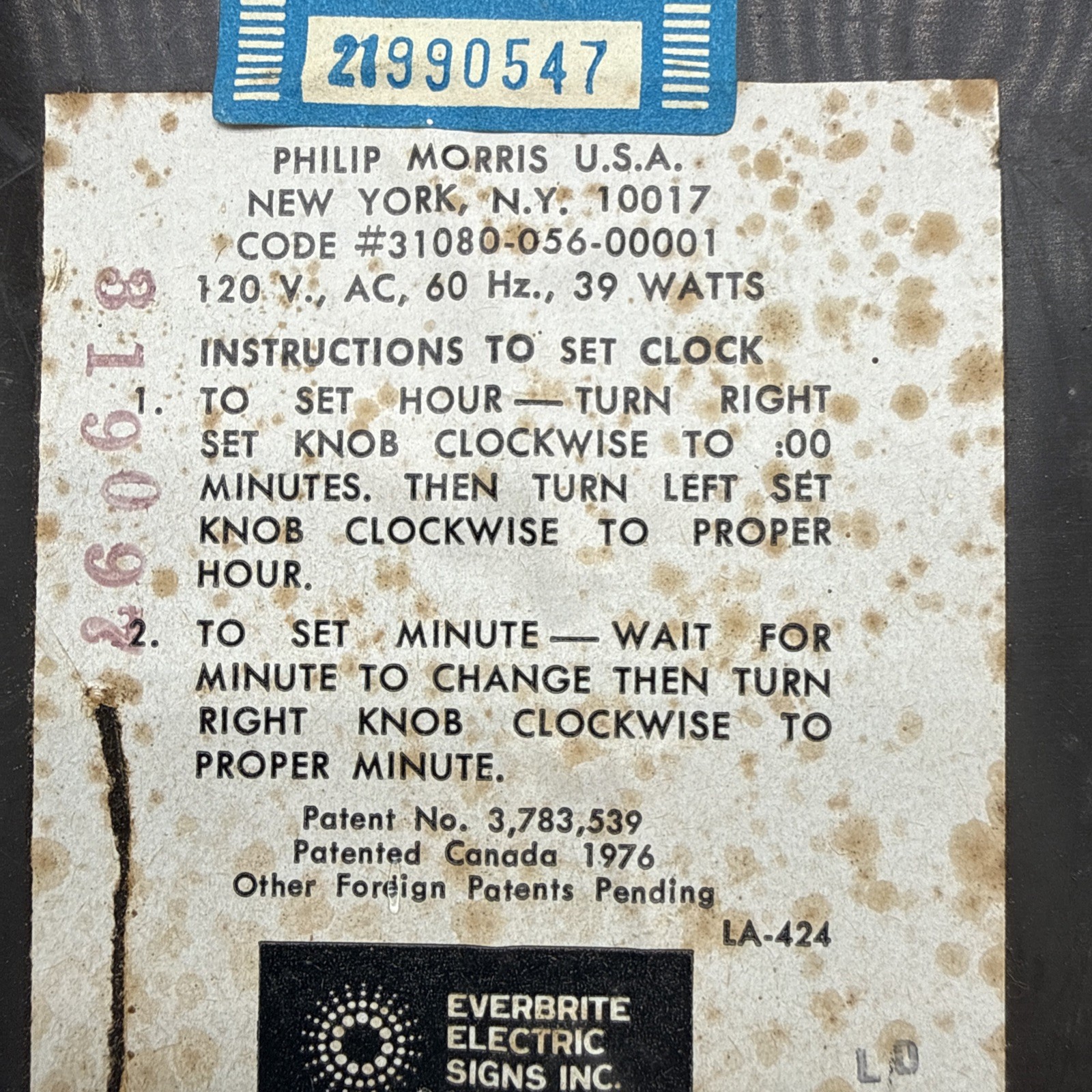 Vintage Merit Cigarettes Promotional Countertop Clock For Parts Only 19.5×7.5