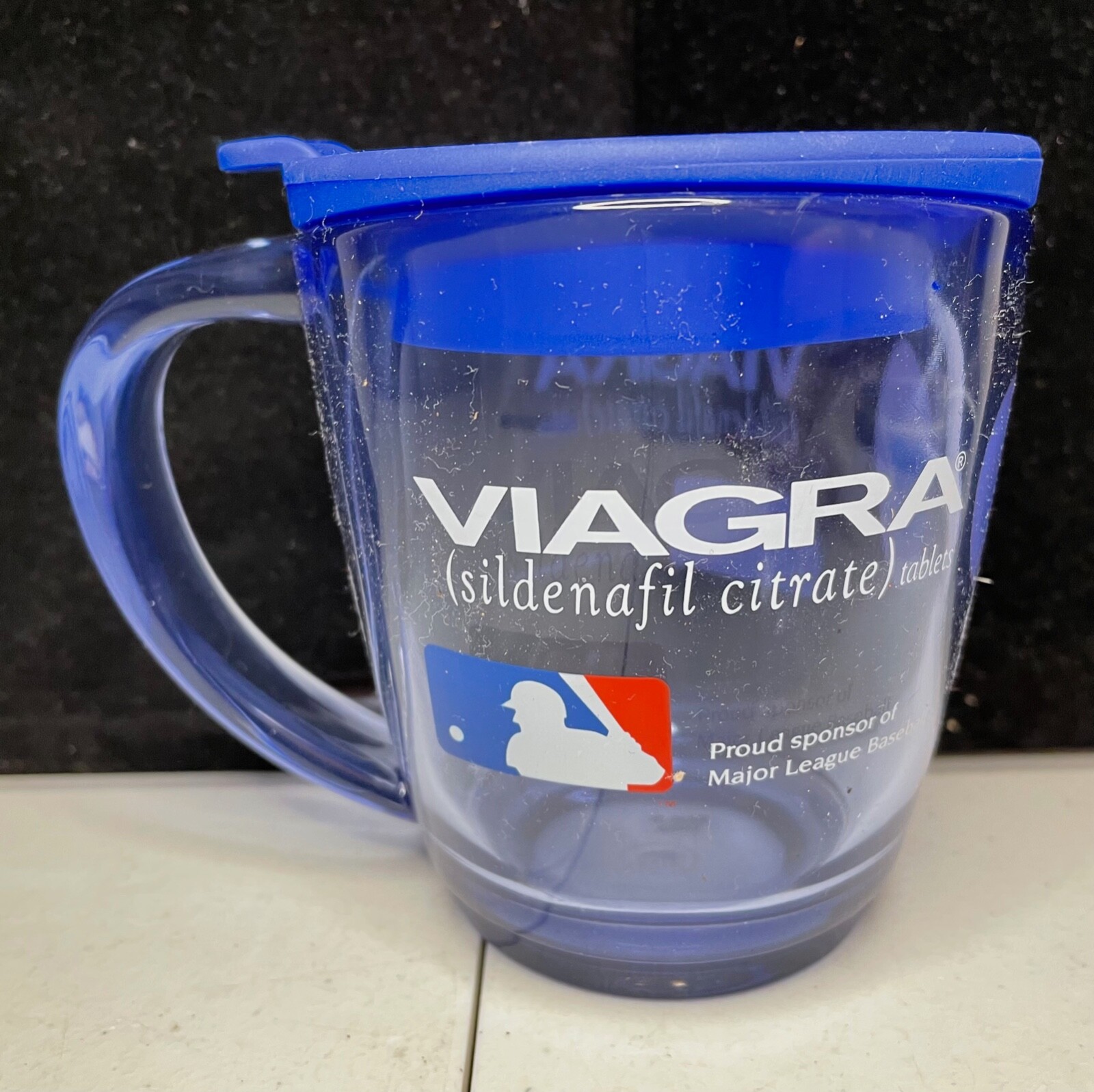 Viagra MLB Insulated Clear Blue Tinted Plastic Travel Coffee Mug Cup w/Lid