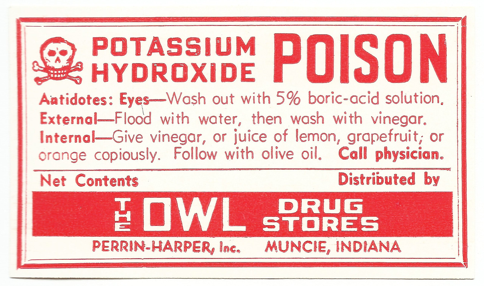 1 Vintage Label POTASSIUM HYDROXIDE POISON The Owl Drug Stores Muncie Indiana