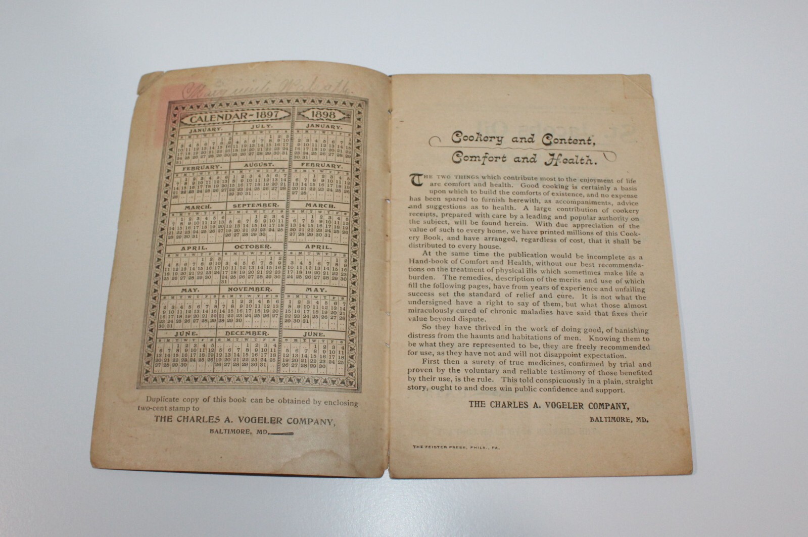 Vintage 1897 Medical Cure Pharmacy Chas. A. Vogeler Co. St. Jacobs Oil Cookbook