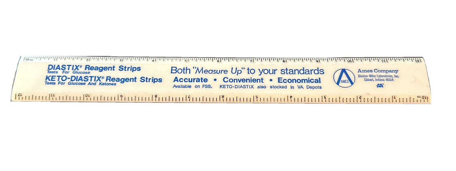 Ames Company Miles Laboratories Elkhart, Indiana Promotional Ruler 12″