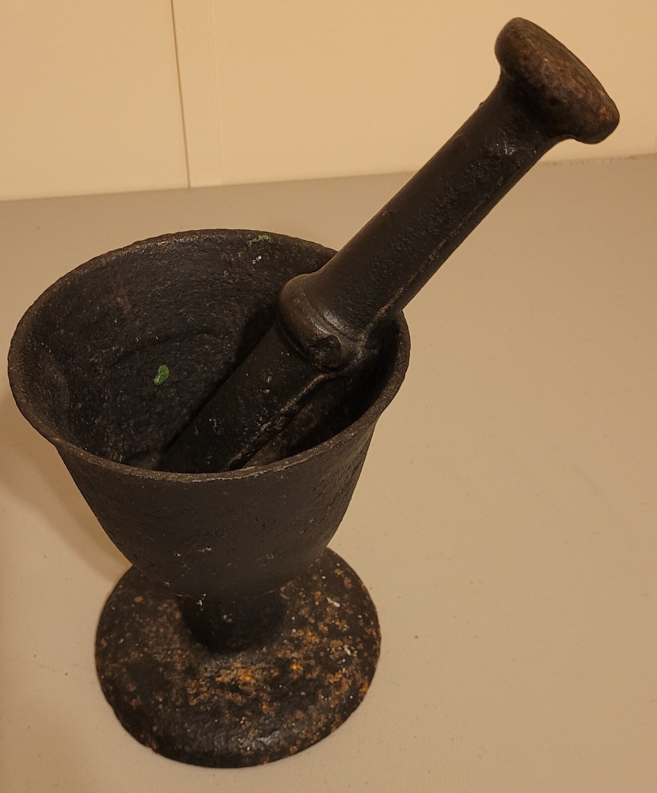 Antique Rare Primitive 19th Century Apothecary Cast Iron Mortar and Pestle Rx