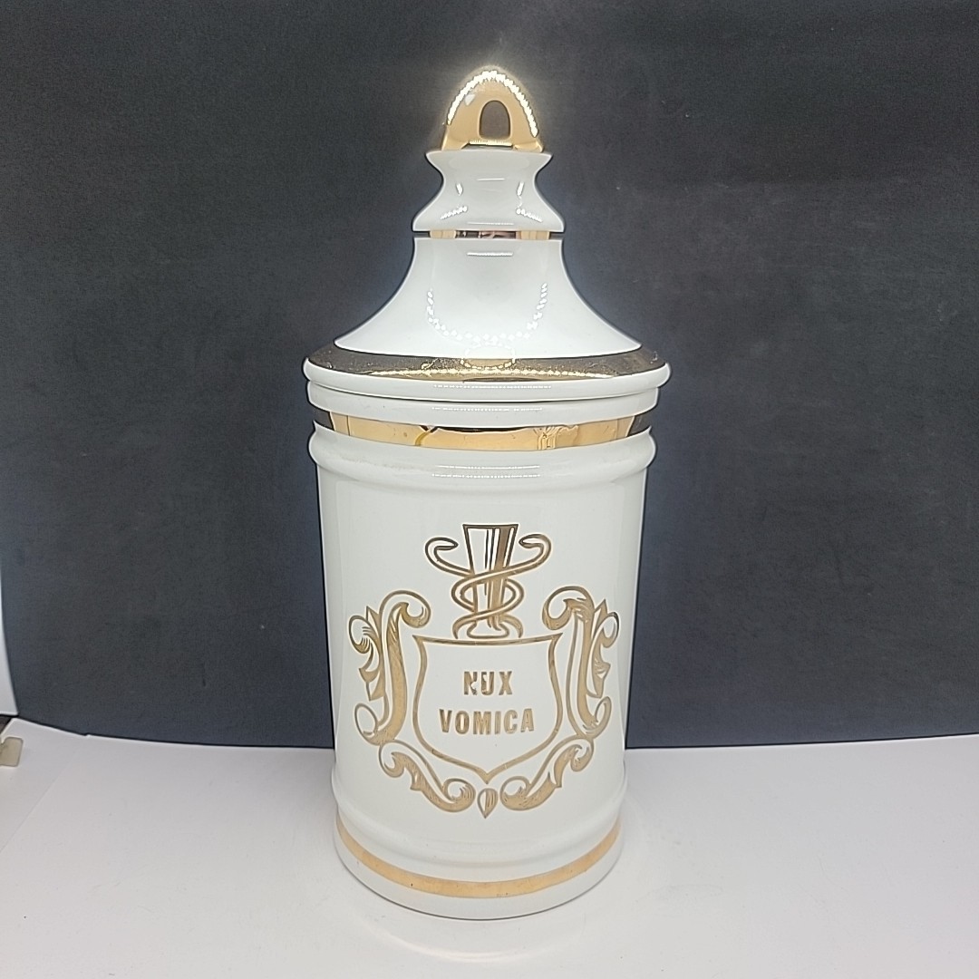 VINTAGE PHARMACY KUX VOMICA APOTHECARY CANISTER JAR WITH LID OWENS ILLINOIS