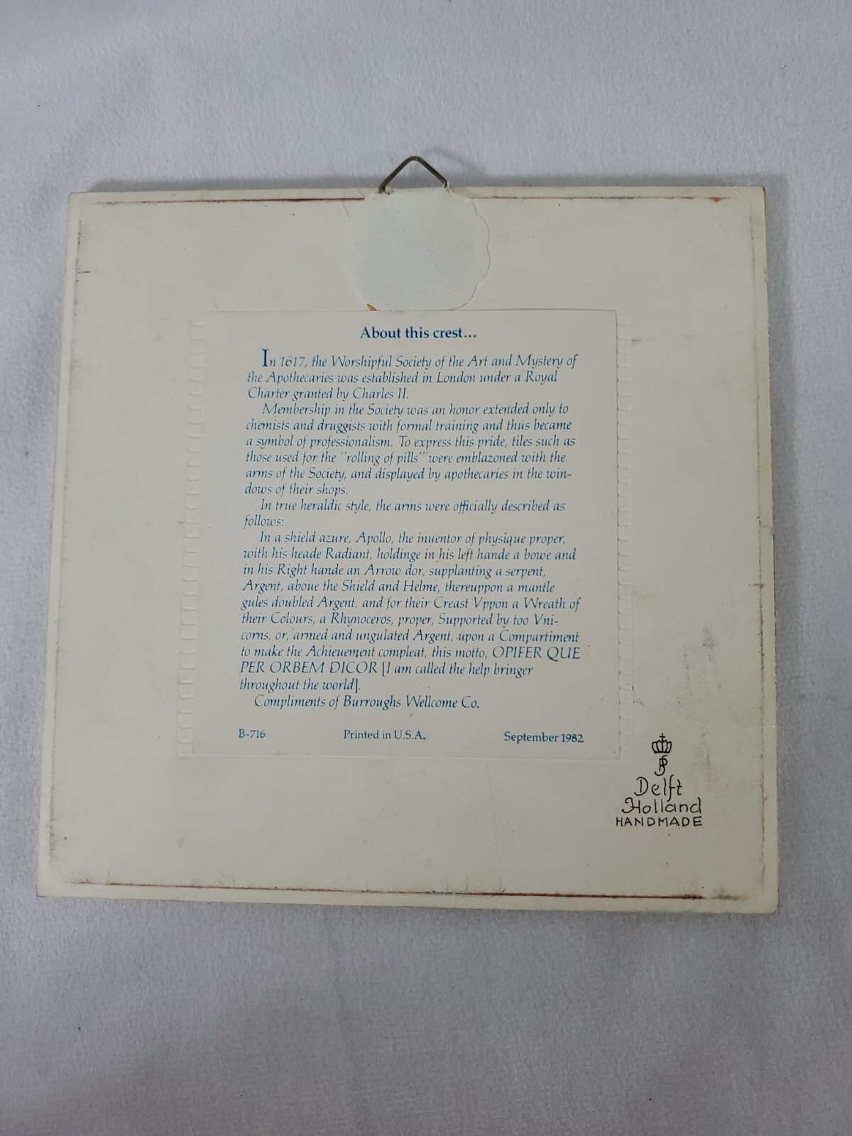Pharmacist Apothecaries Worshipful Society Burroughs 1982 Delft Tile -Free Ship