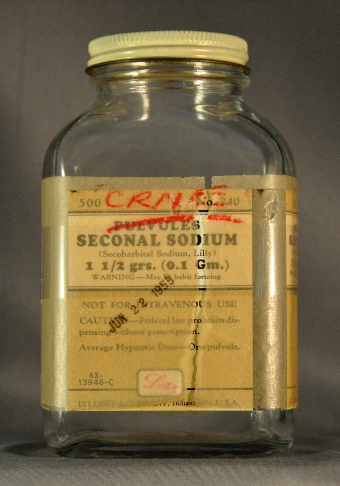 Empty Vtg Lilly Seconal Barbital Pharmacist dispensing Clear Bottle x500 w/ Lid