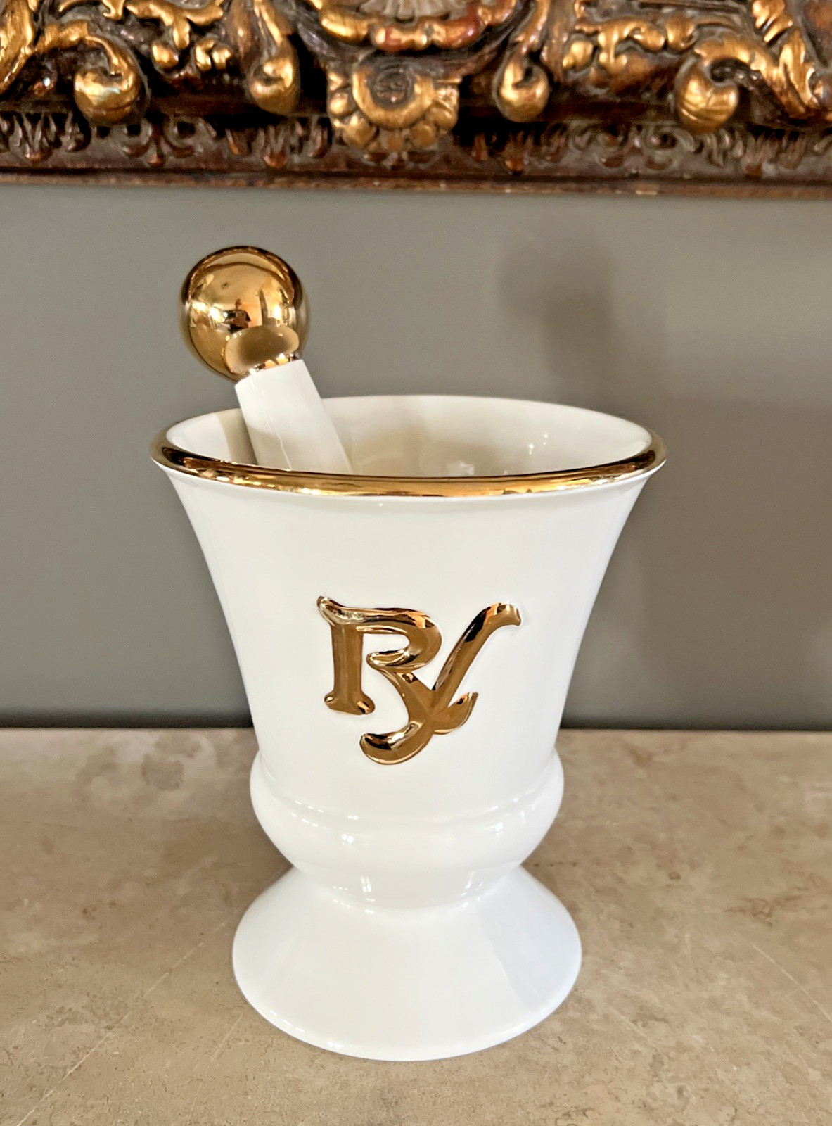 VTG. RX OWENS ILLINOIS PHARMACY MORTAR & PESTLE / GOLD GILDING APOTHECARY PIECE