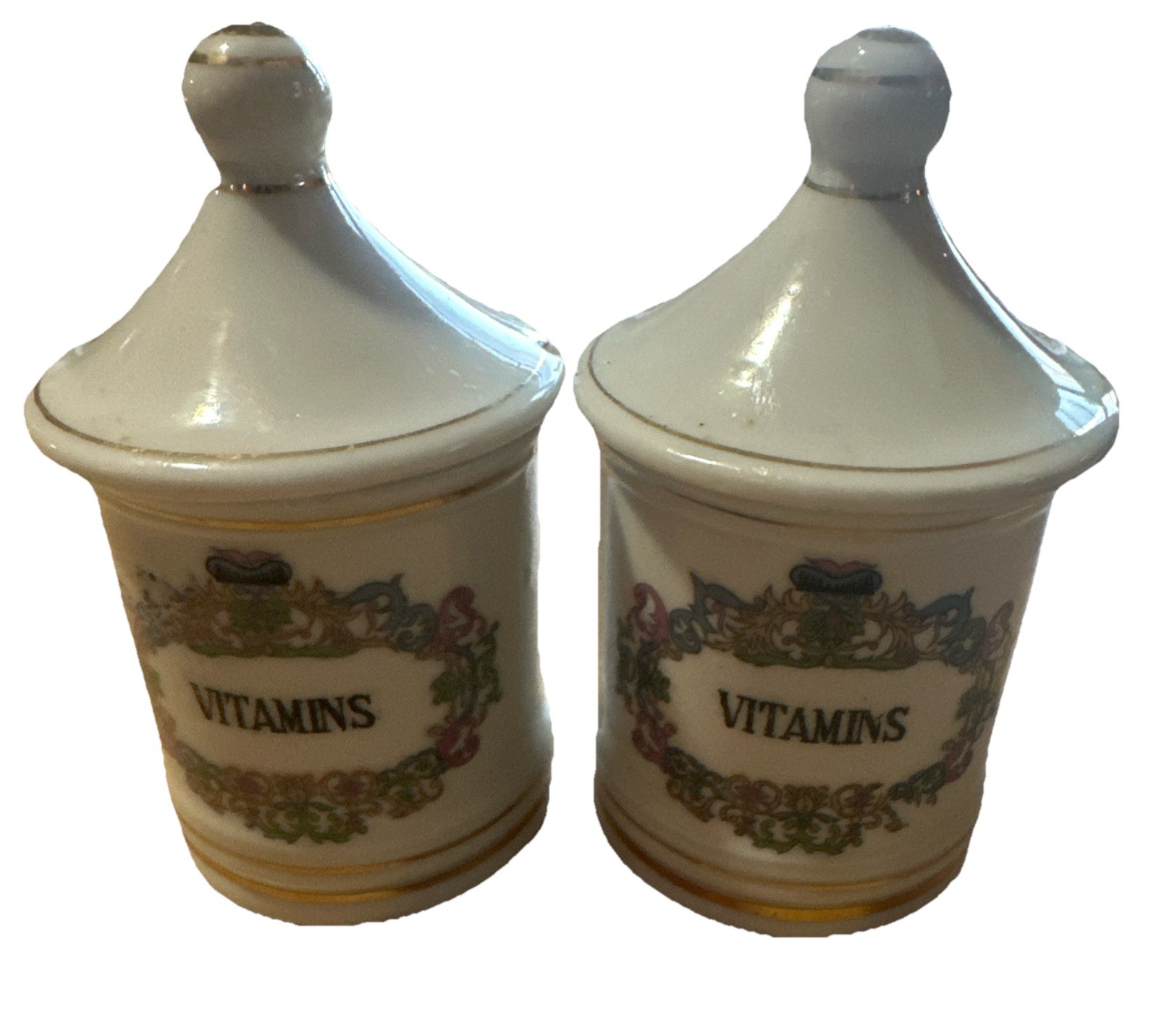 2 Vintage Porcelain APOTHECARY JARS with Lids “VITAMIN” 3.75″ x 2.25″