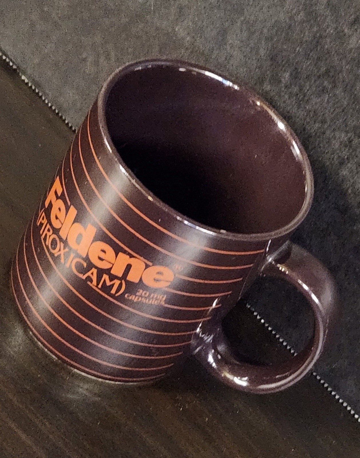 Vintage Feldene Piroxicam 20mg Pharmaceutical Advertising Coffee Mug Brown Promo