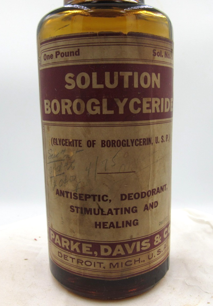 BW – 1920’s Parke, Davis & Co Detroit Mich Boroglyc 6 3/4″ Amber Medicine bottle