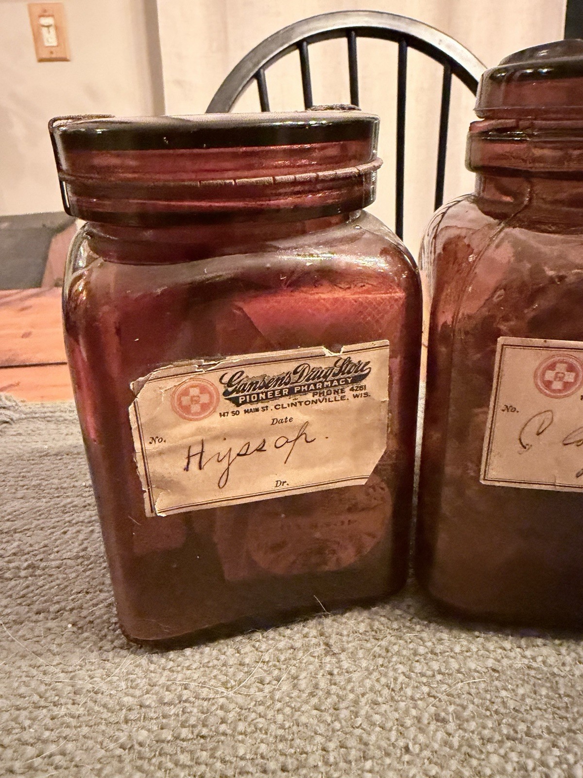3 Vintage Gansen’s Drug Store Pioneer Pharmacy Amber Glass Jars w/ Labels
