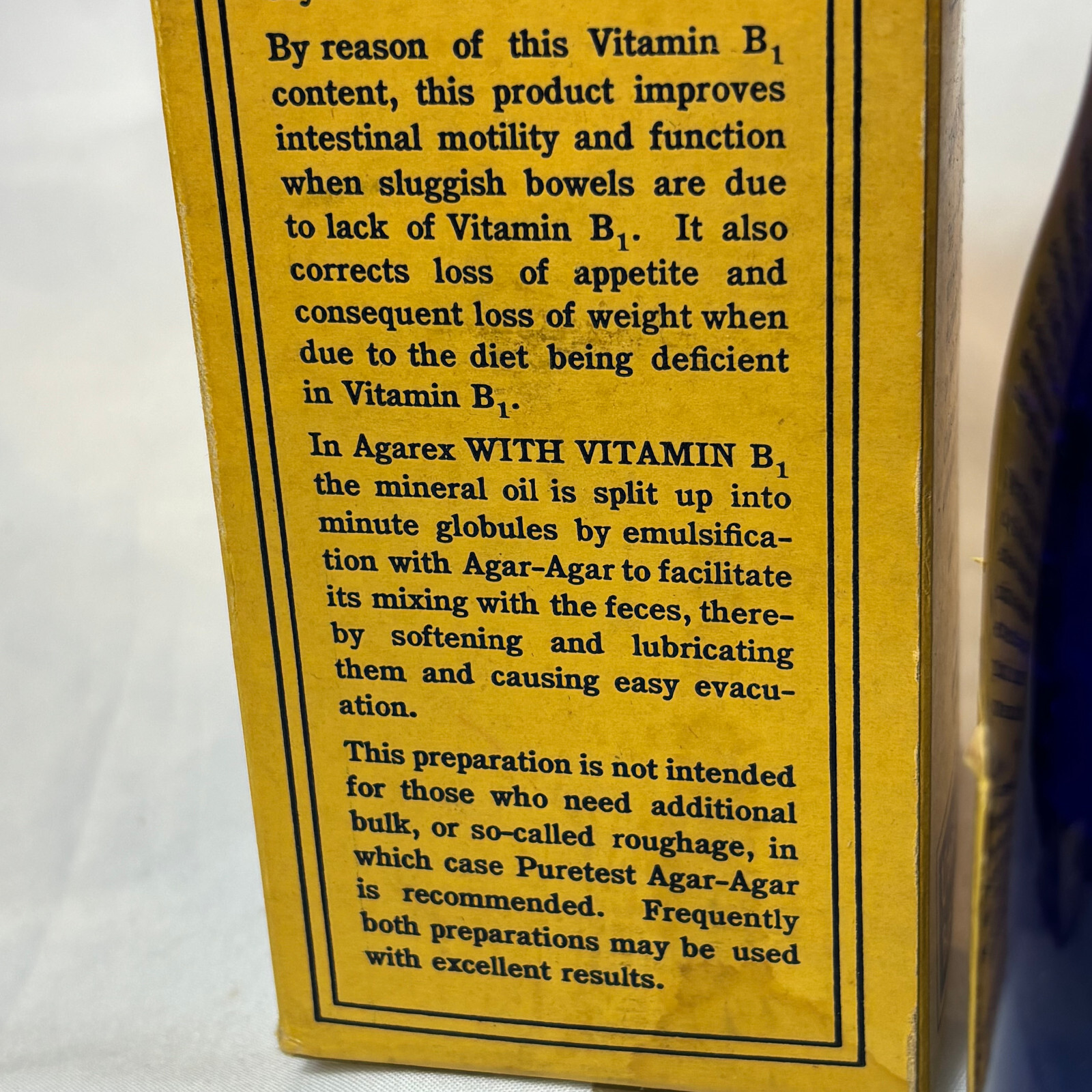 Vtg Agarex W/ Vitamin B1 16oz Cobalt Blue Bottle In Box Rexall Drug Stores
