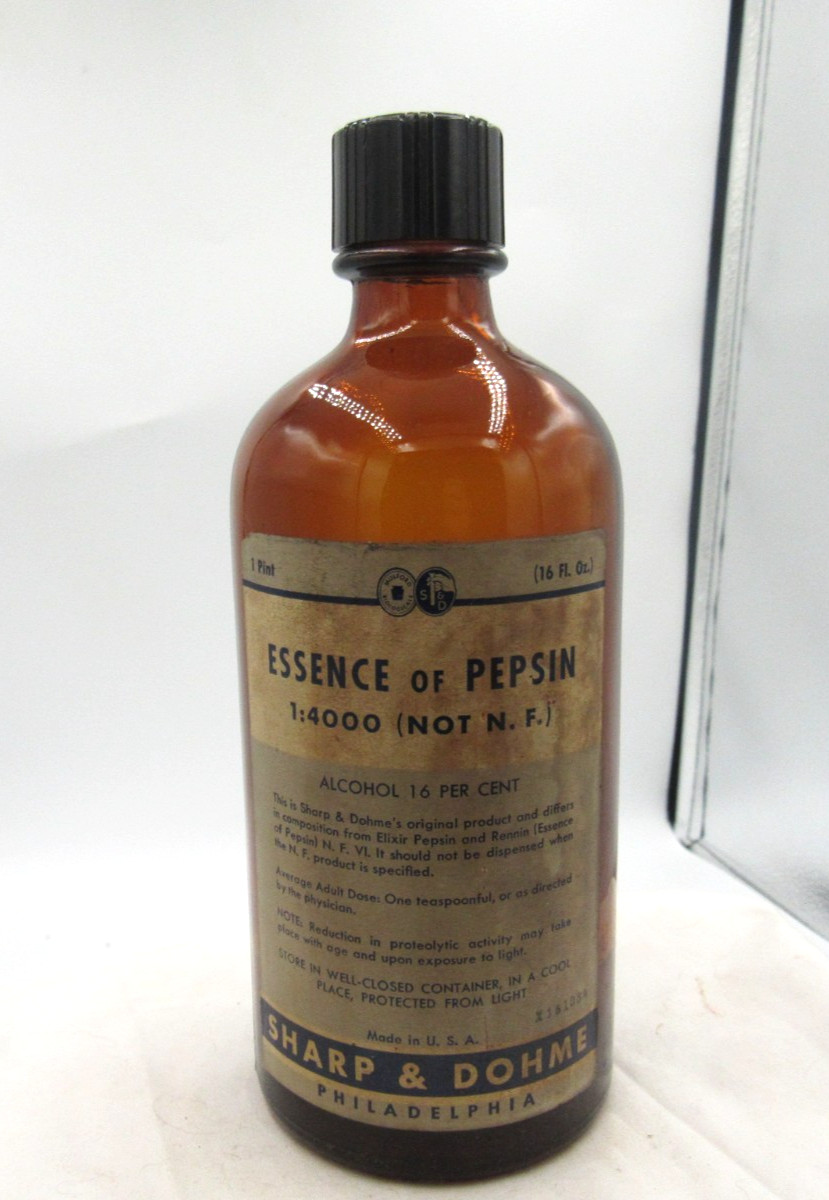 BW – 1940’s Sharp & Dohme Essence of Pepsin 7 1/2″ Amber Medicine bottle