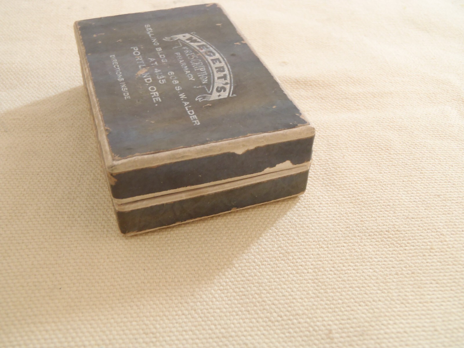 Vintage Wegert’s Pharmacy prescription pills cardboard Box Portland OR.