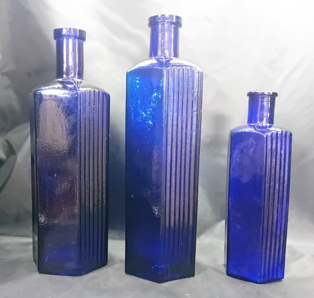 3 Antique Vintage Cobalt Blue Glass Poison Chemist Pharmacy Bottles 2 x 20oz