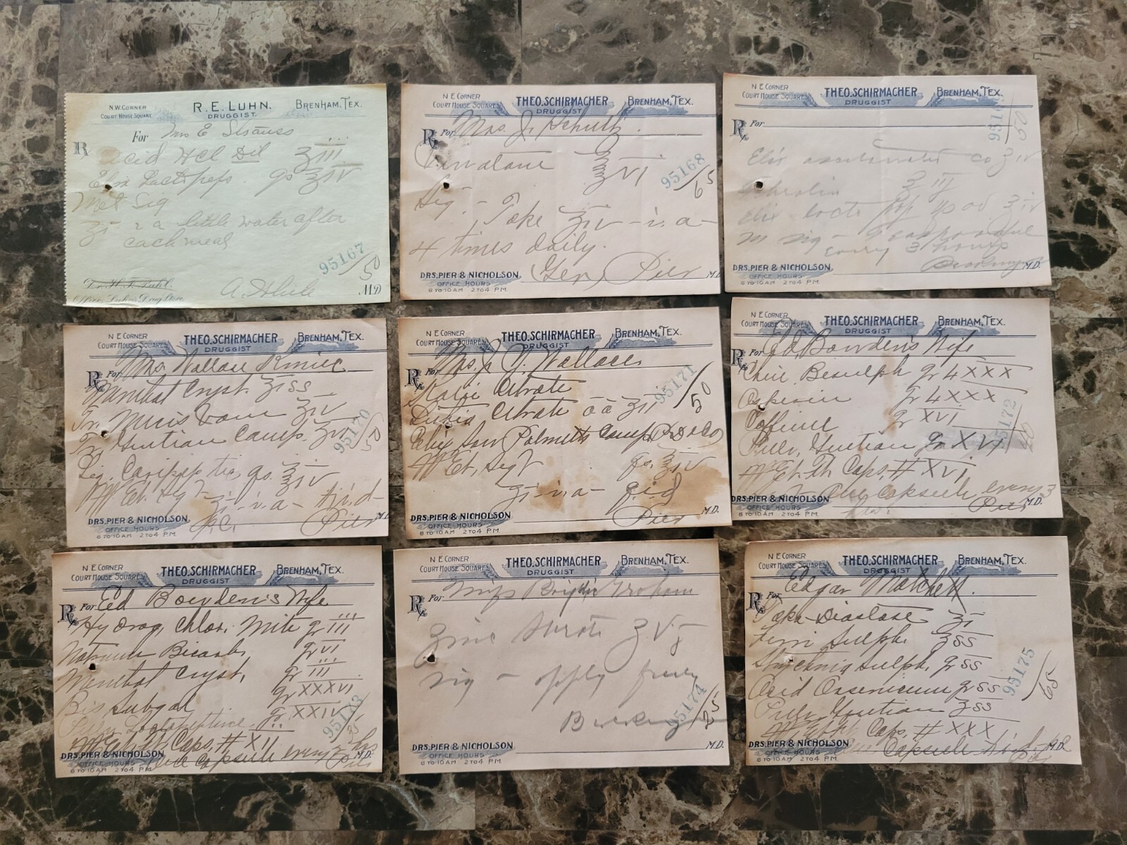 File box & 97 antique prescriptions (1911) – Dionin, Codeine, Infant Anodyne