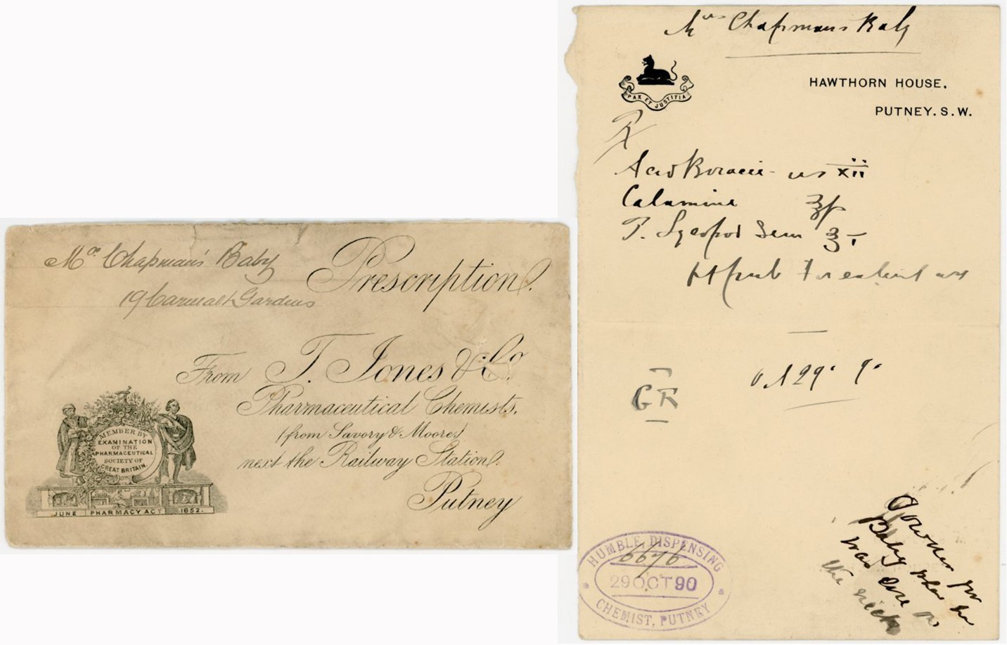 GB 1890 MEDICAL PRESCRIPTION HUMBLE CHEMIST PUTNEY for MRS CHAPMANS BABY