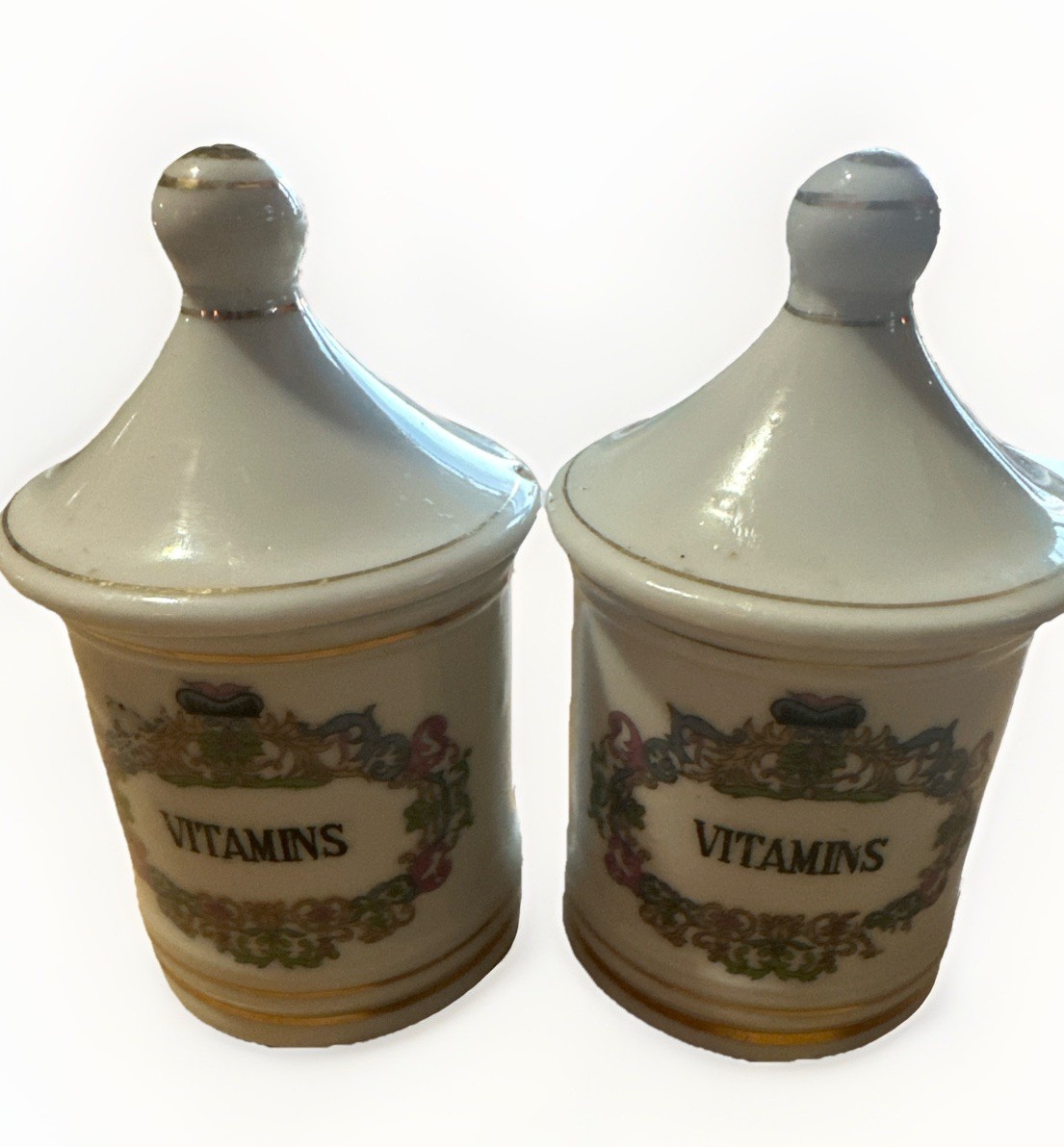 2 Vintage Porcelain APOTHECARY JARS with Lids “VITAMIN” 3.75″ x 2.25″