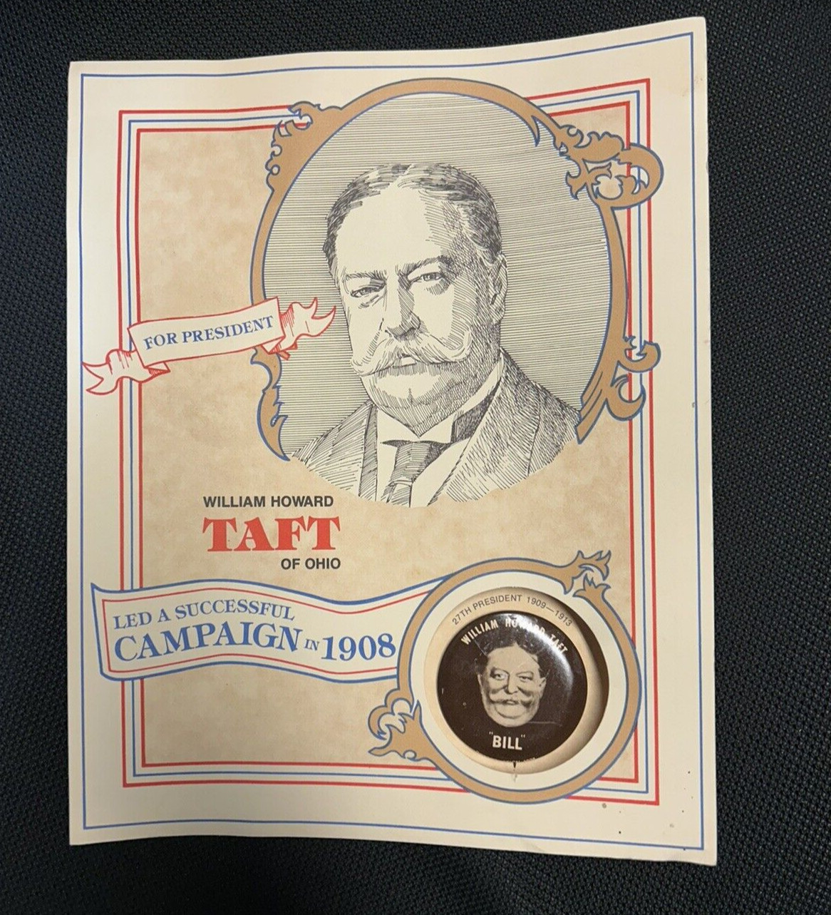 1976 PFIZER Howard TAFT Replica President CAMPAIGN PIN w Brochure of RENESE