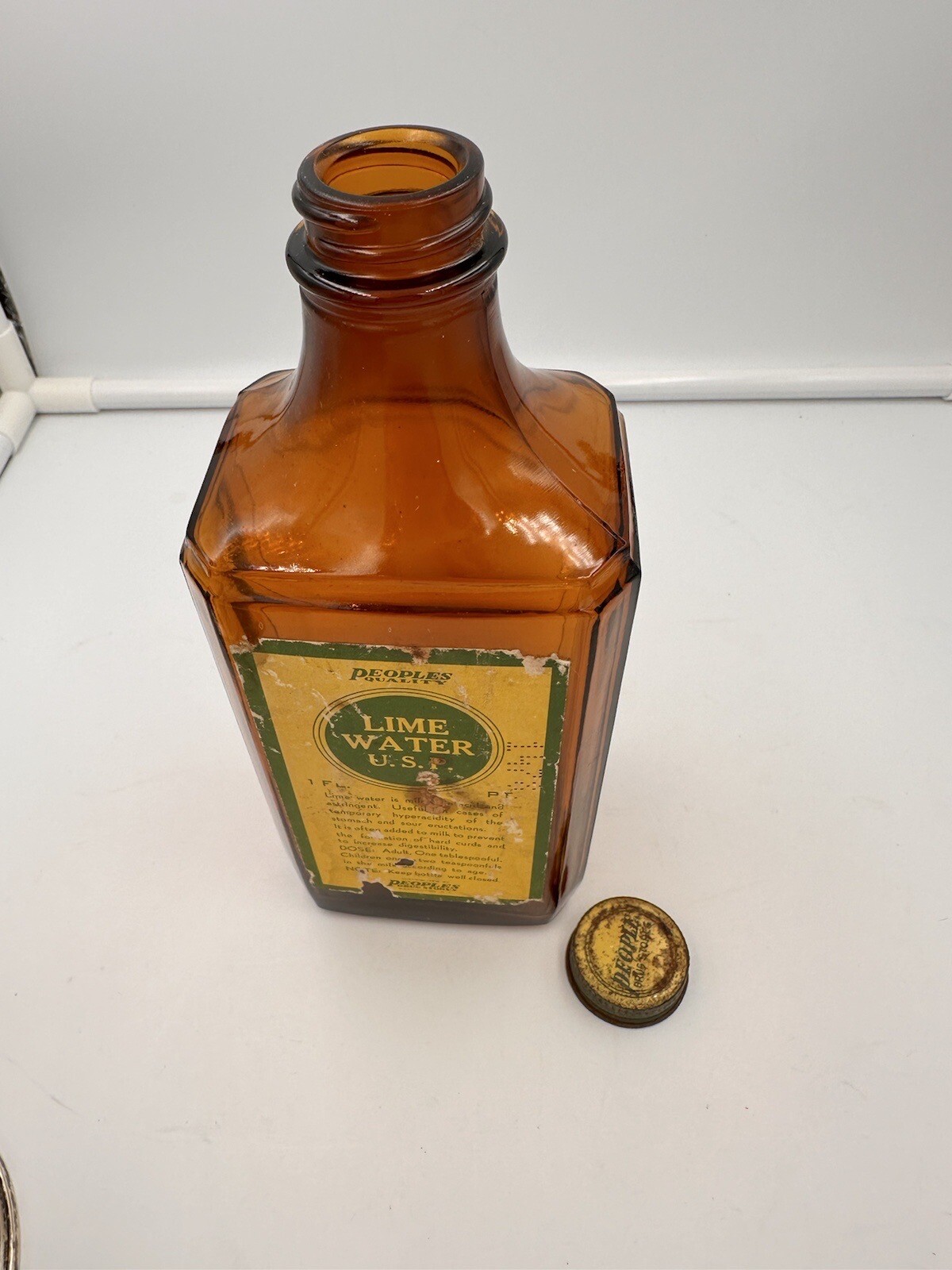 Vintage People’s Drug Store Wash DC Lime Water Beveled Brown Glass Bottle
