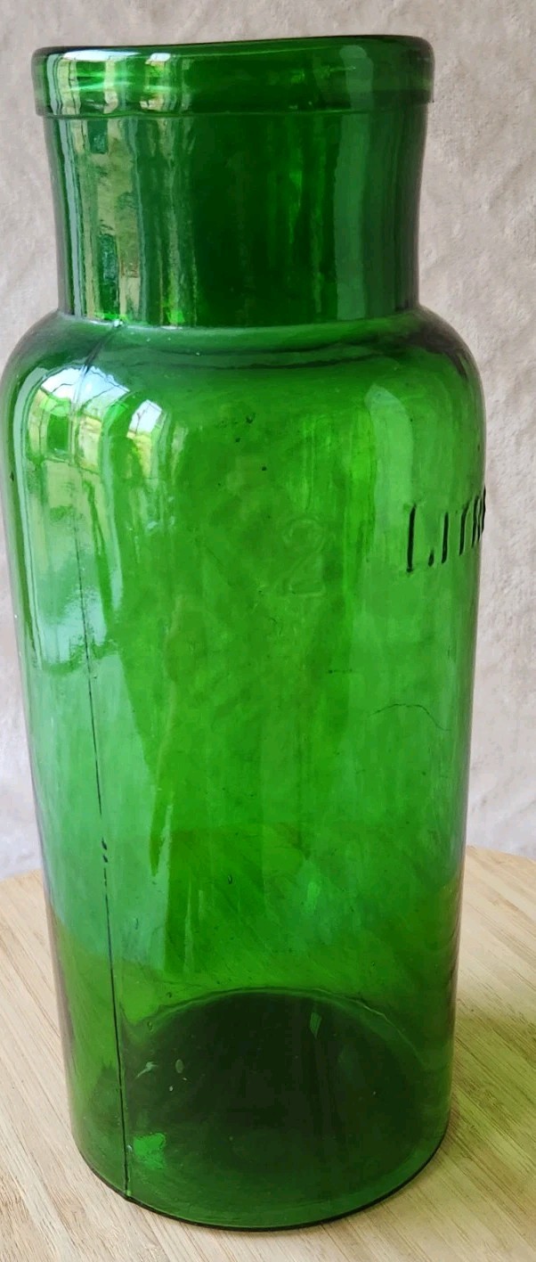 Vintage Large Glass Pharmacy Jar Or Pot Bullet 2 L Green Color