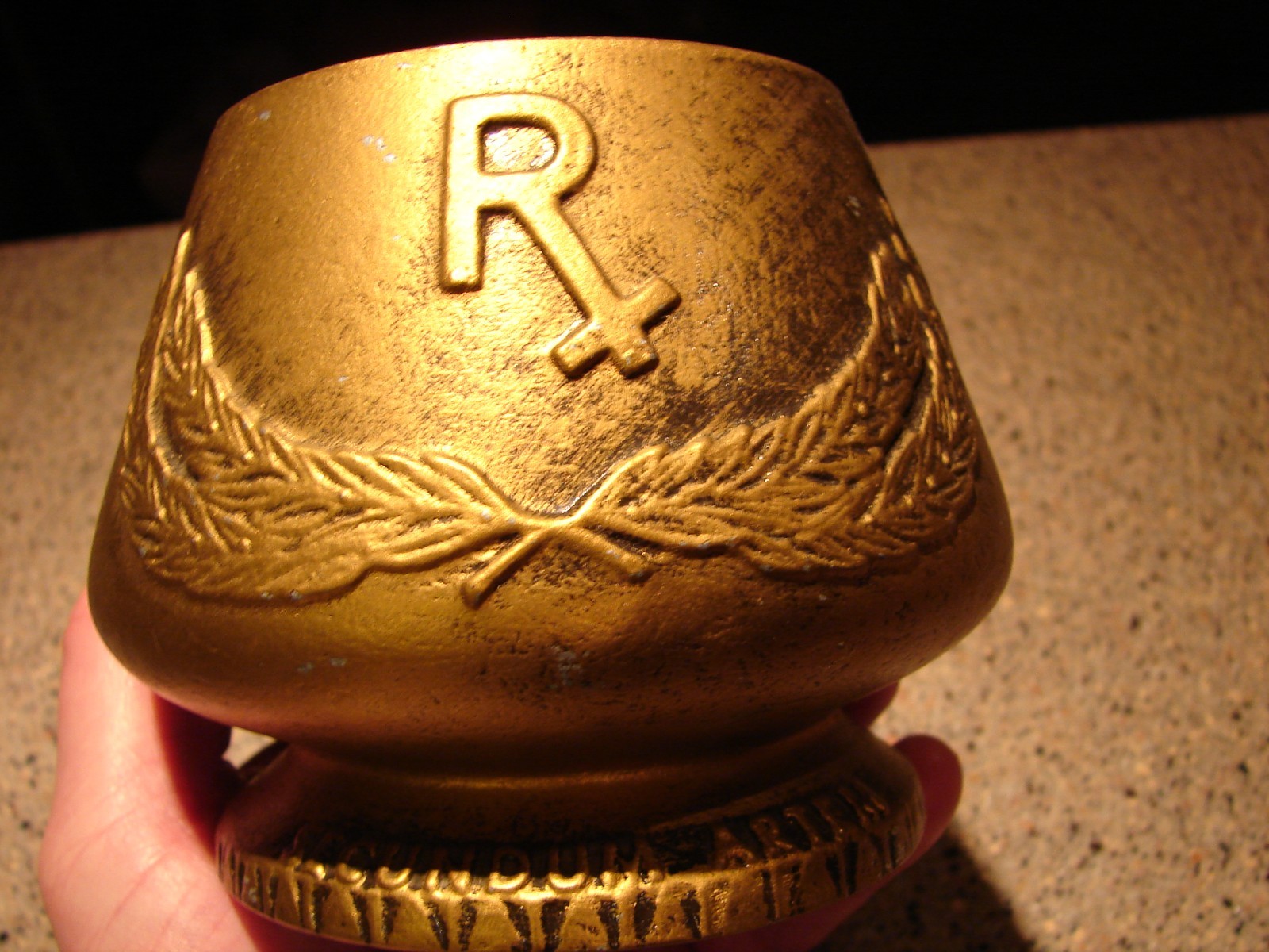 Vintage Apothacary Pharmacy Bronze Mortar & Pestle Double Sided Embossed Nice!!!