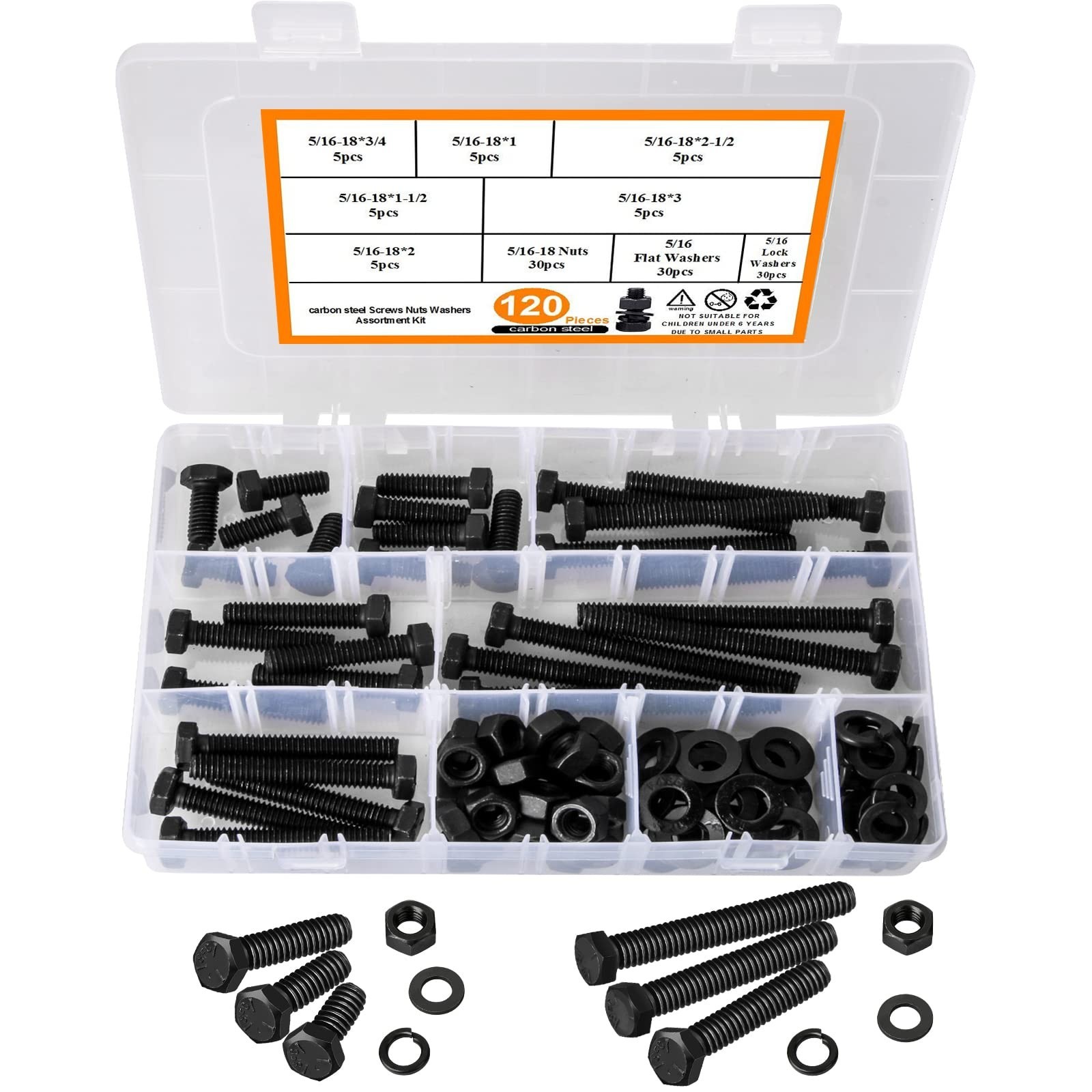 Hakkin 120PCS 5/16-18 Hex Bolts and Nuts Kit, Length 3/4″,1”,1-1/2″,2″,2-1