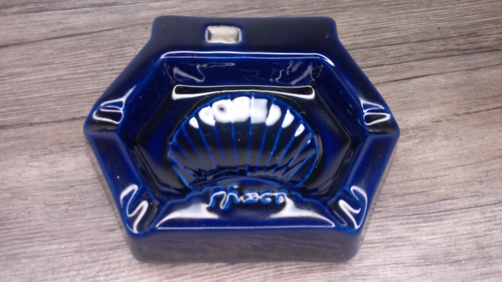 vintage Pfizer advertising ccolbalt blue ash tray Hexagonal sea shell design