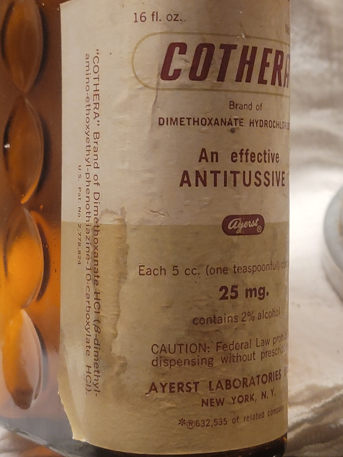 Large Empty Vintage Cothera Cough Syrup Bottle by Ayerst w Original Label