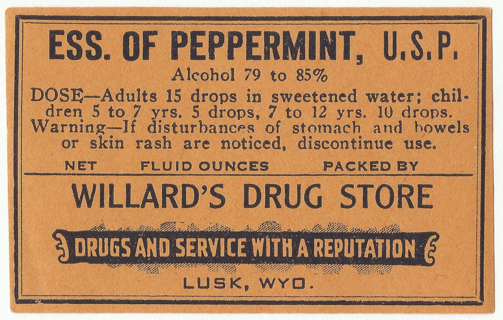 Vintage Pharmacy Label ESSENCE OF PEPPERMINT, U.S.P. Willard’s Drug Lusk Wyoming