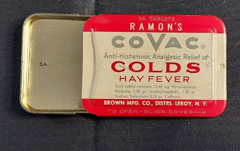 Old Empty Advertising Medicine Tin Ramon’s COVAC Colds Hay Fever Brown Mfg Leroy