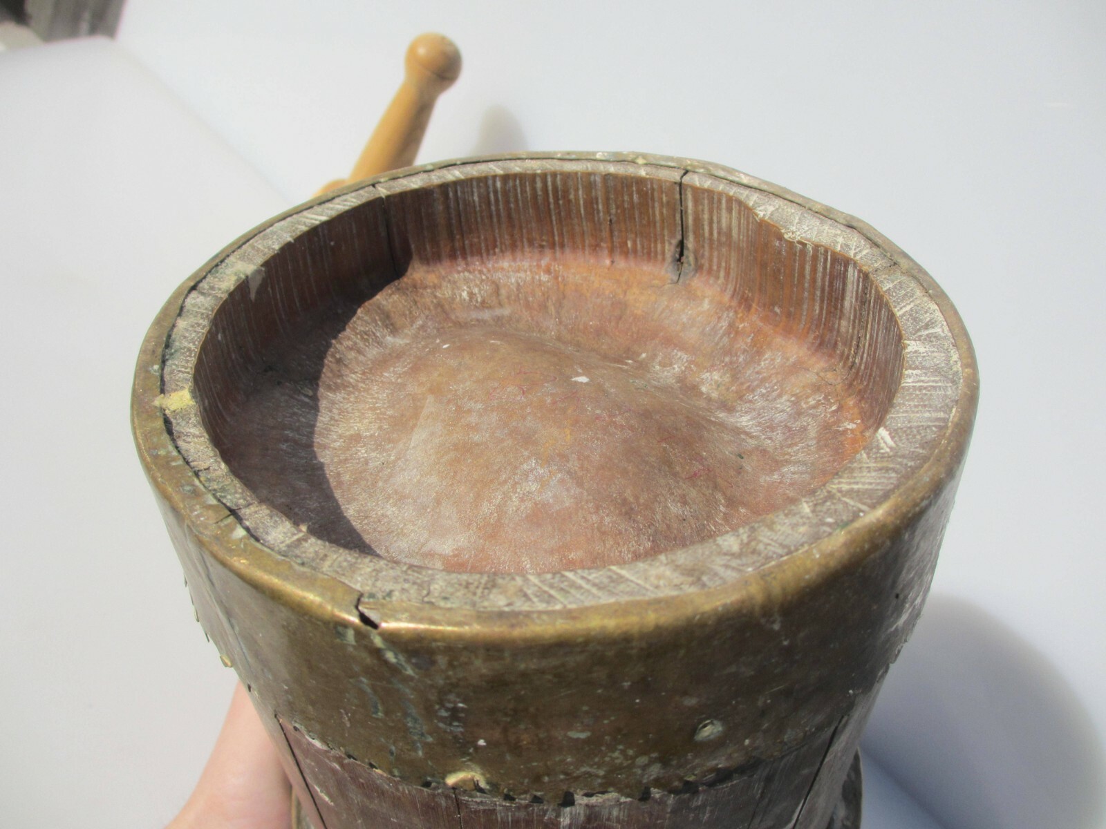 Antique Wooden Mortar and Pestle Barrel Brass Strap Vintage Old Wood French