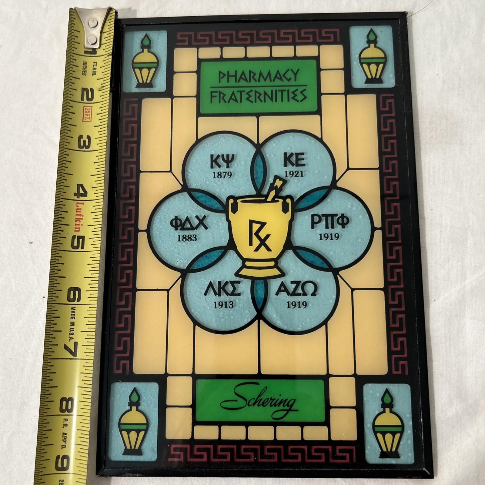 Vintage Schering Pharmacy Stained Glass Advertising Sign