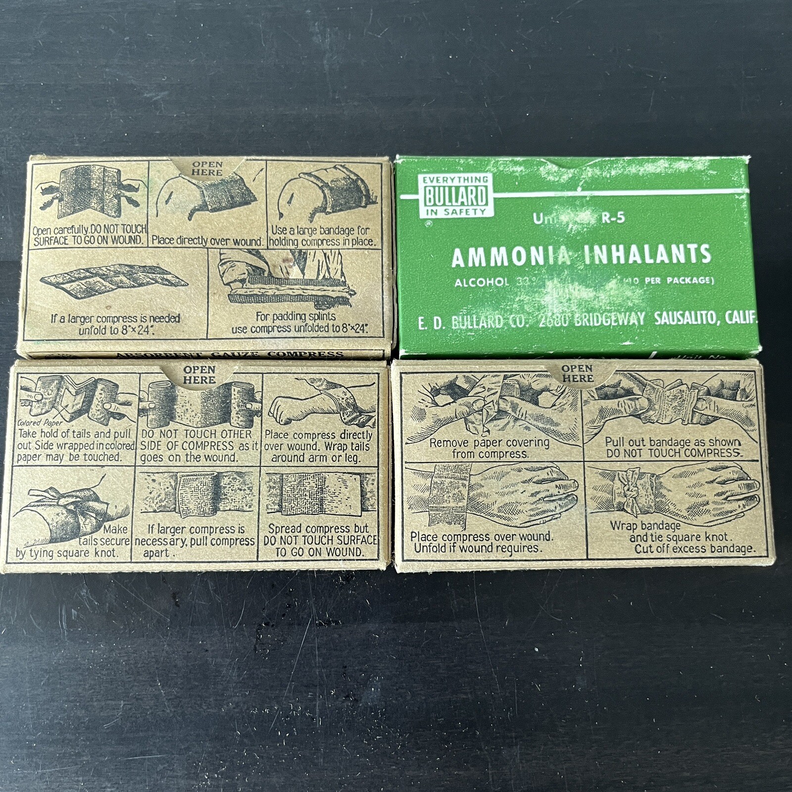 Lot of 4 Mine Safety Bullard Medical Bandages Compresses Ammonia Inhalants Vtg