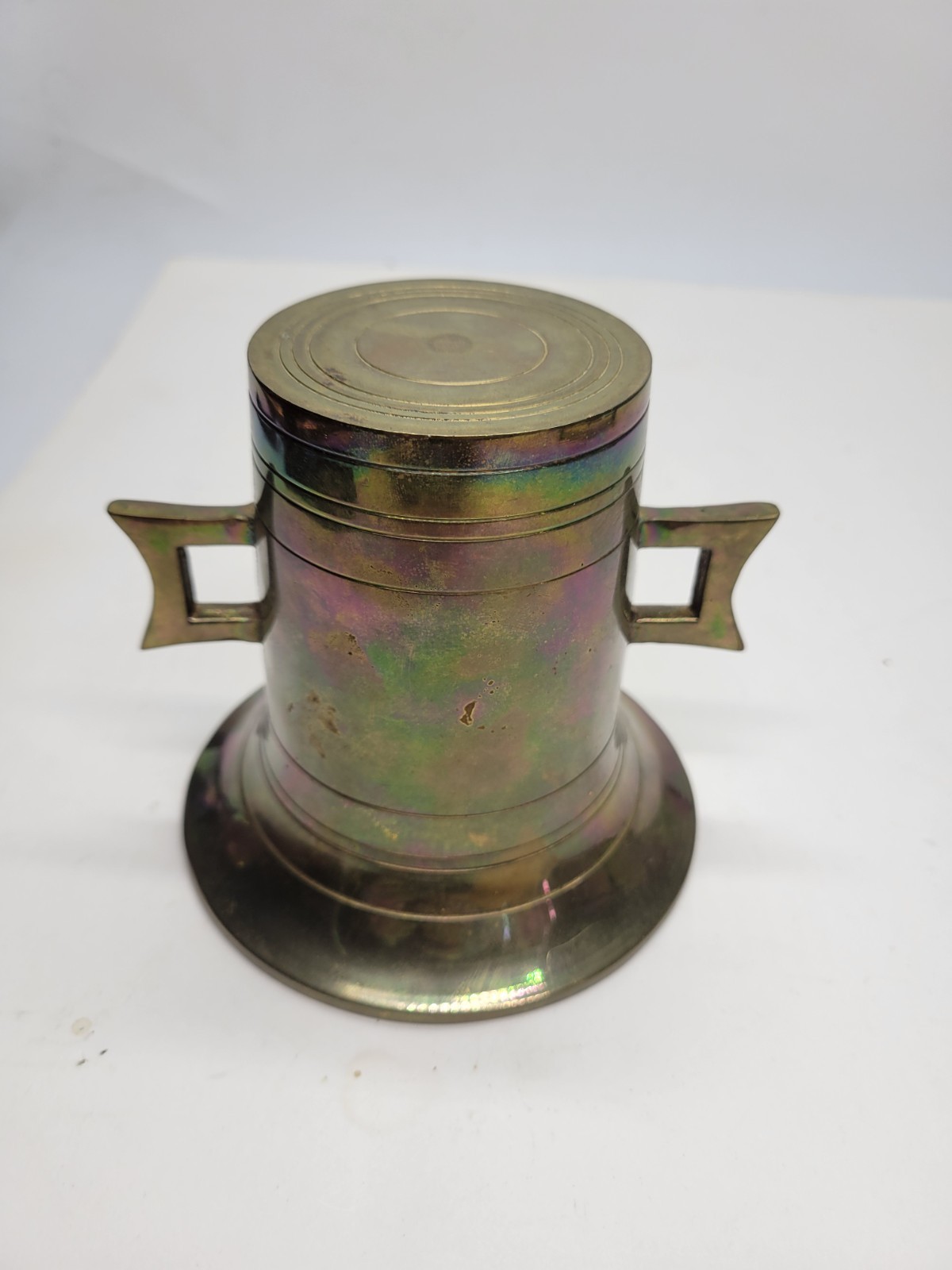 Vintage Solid Brass Mortar and Pestle Set With Square Handles Iridescent Patina