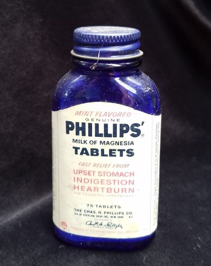 Old Empty Advertising Medicine BLUE Bottle Phillips Tablets Sterling Drug NY