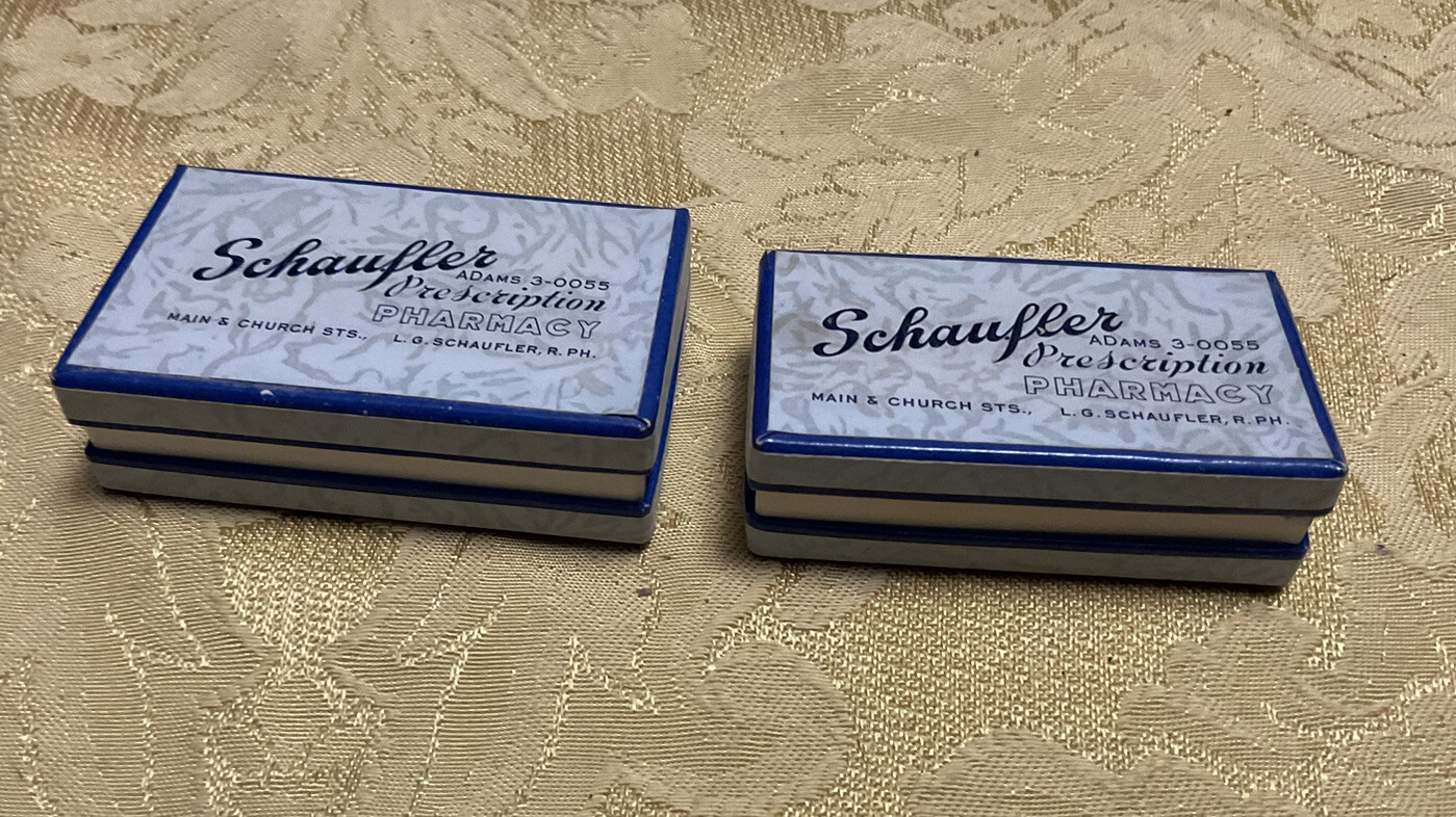 Schaufler Pharmacy Drug Co. Cardboard Prescription Pill Box Belleville ILL 2pcs