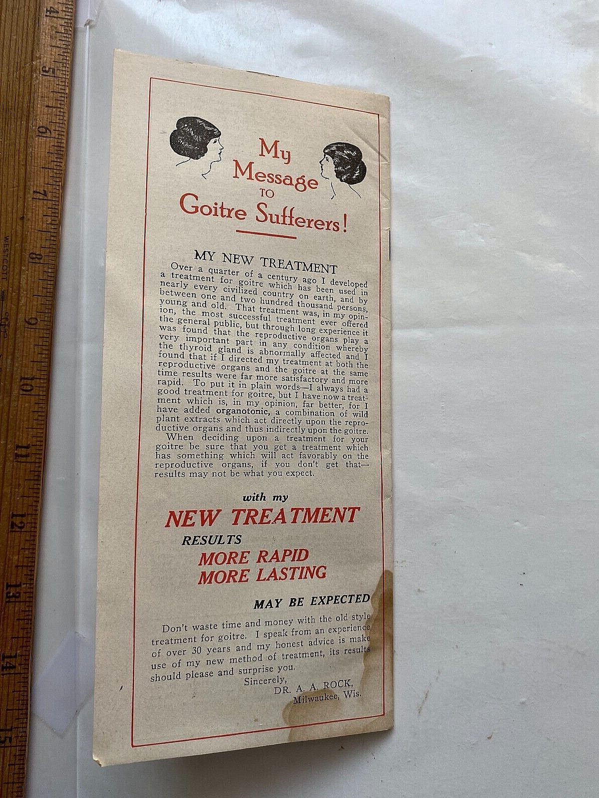 1932 Sales Literature for Goitre Cure. Dr. Arthur Rock, Milwaukee, Wisconsin.