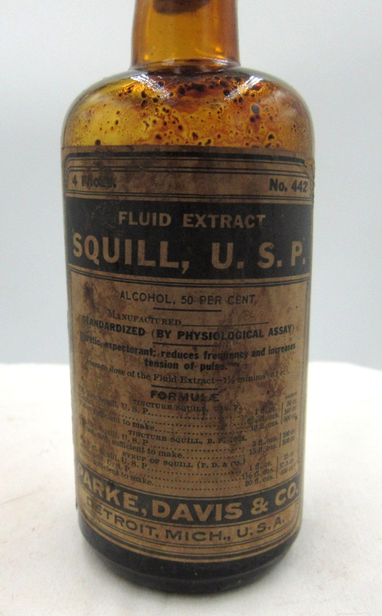 1920’s Parke, Davis & CO SQUILL Detroit Mich 4 3/4 ” Amber Medicine bottle
