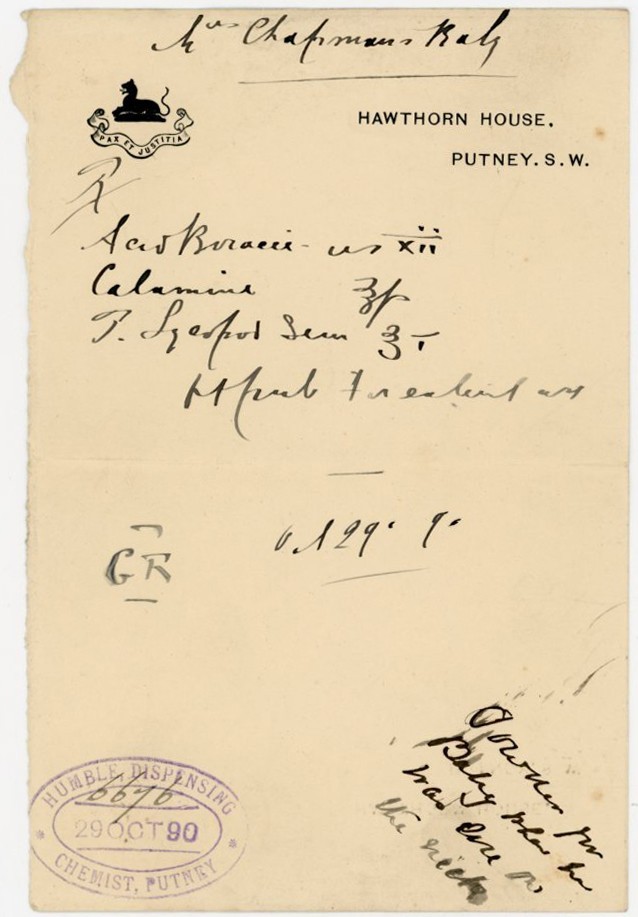 GB 1890 MEDICAL PRESCRIPTION HUMBLE CHEMIST PUTNEY for MRS CHAPMANS BABY