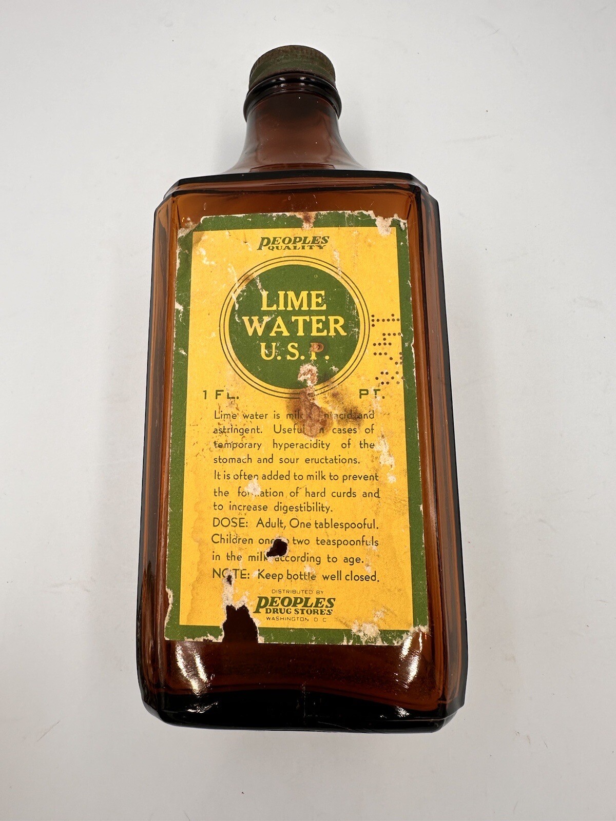 Vintage People’s Drug Store Wash DC Lime Water Beveled Brown Glass Bottle