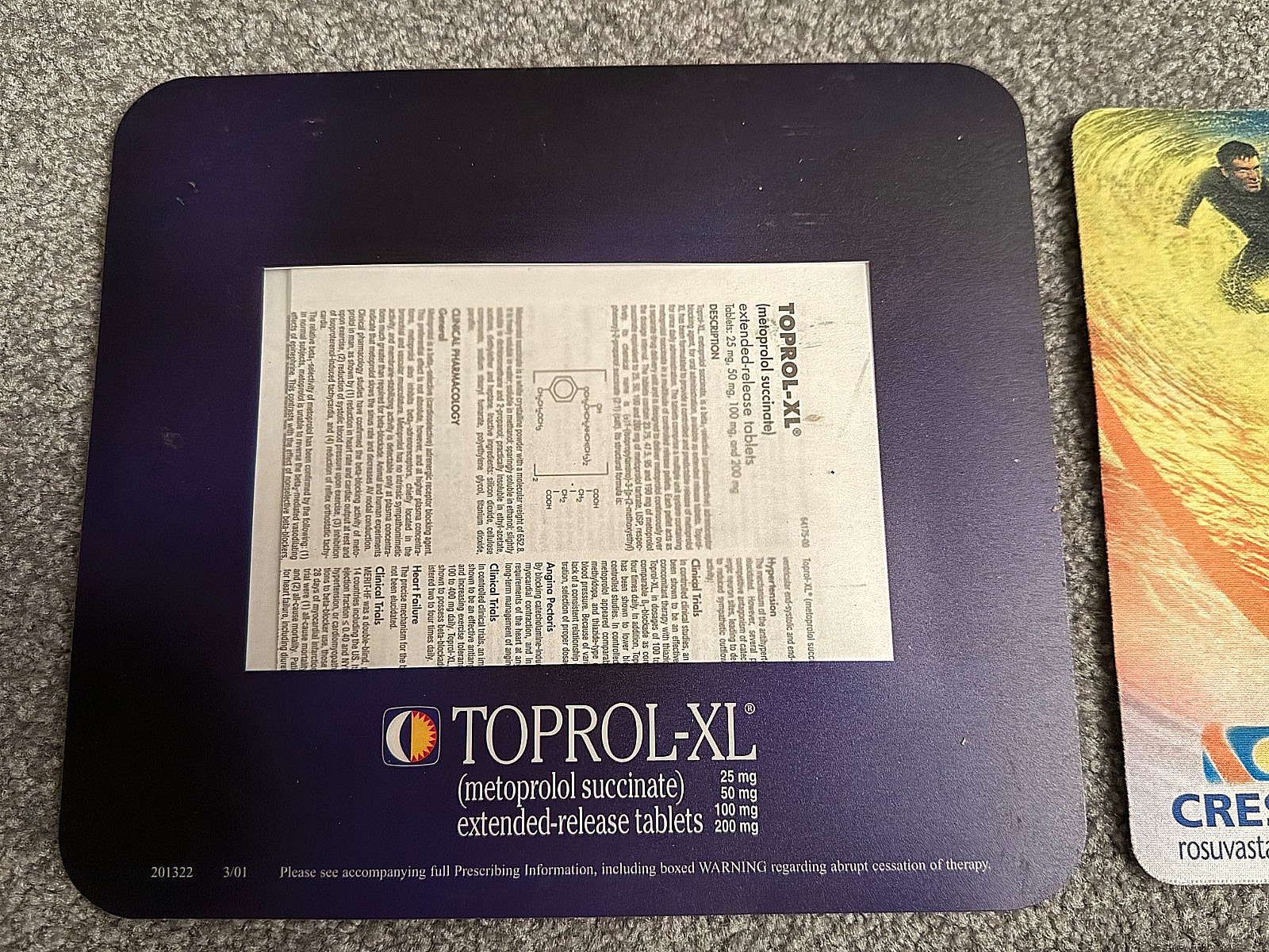 from pharma rep: 2 unusual paper pads + 2 mouse pads (Crestor, Norvasc, Toprol)