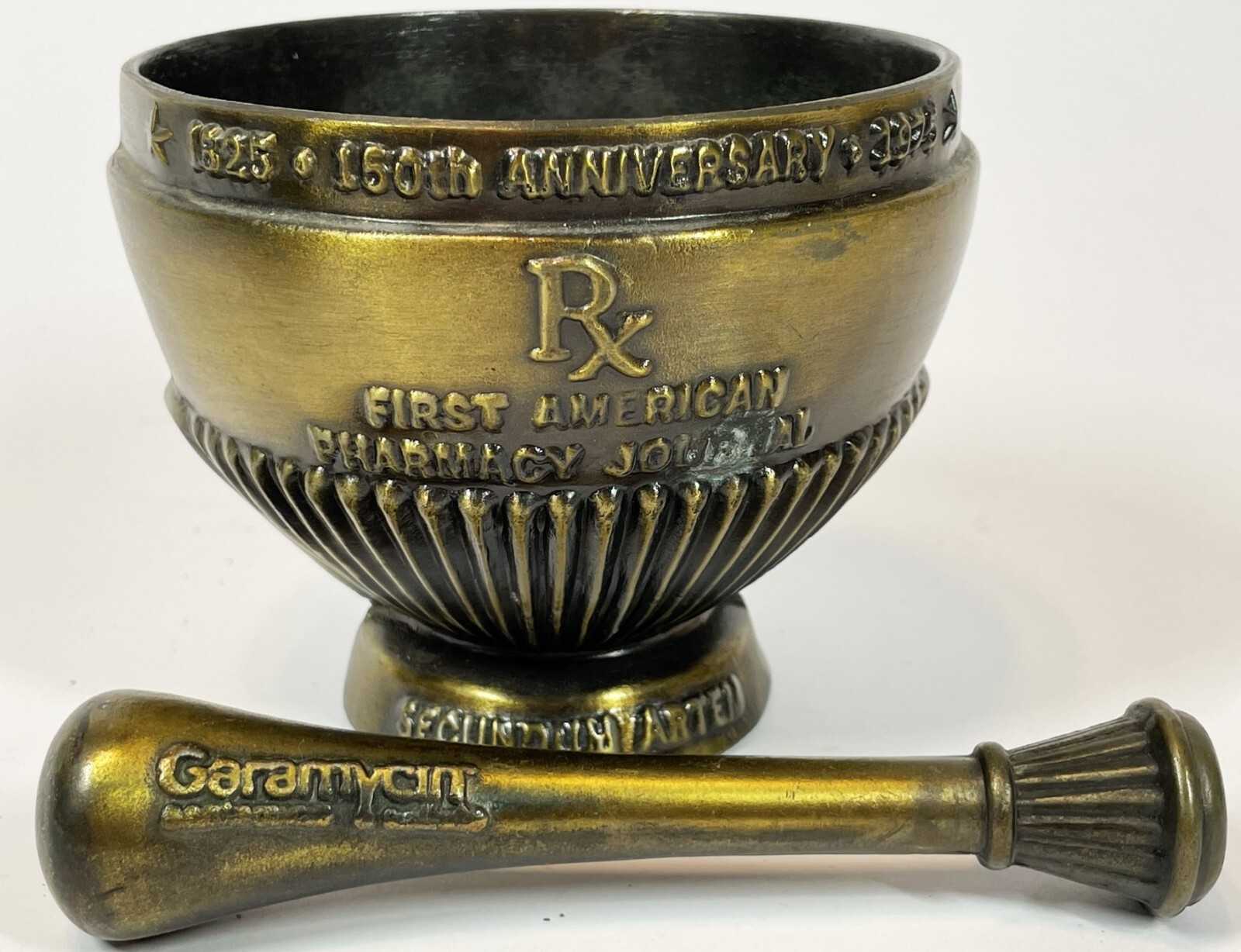 Vintage First American Pharmacy Journal Cast Brass Bronze Mortor & Pestle Set